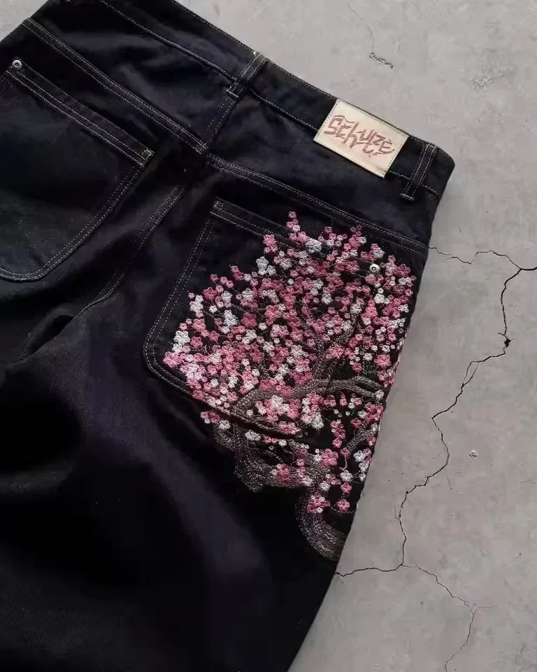 Cherry Blossom Embroidered Y2K Baggy Jeans