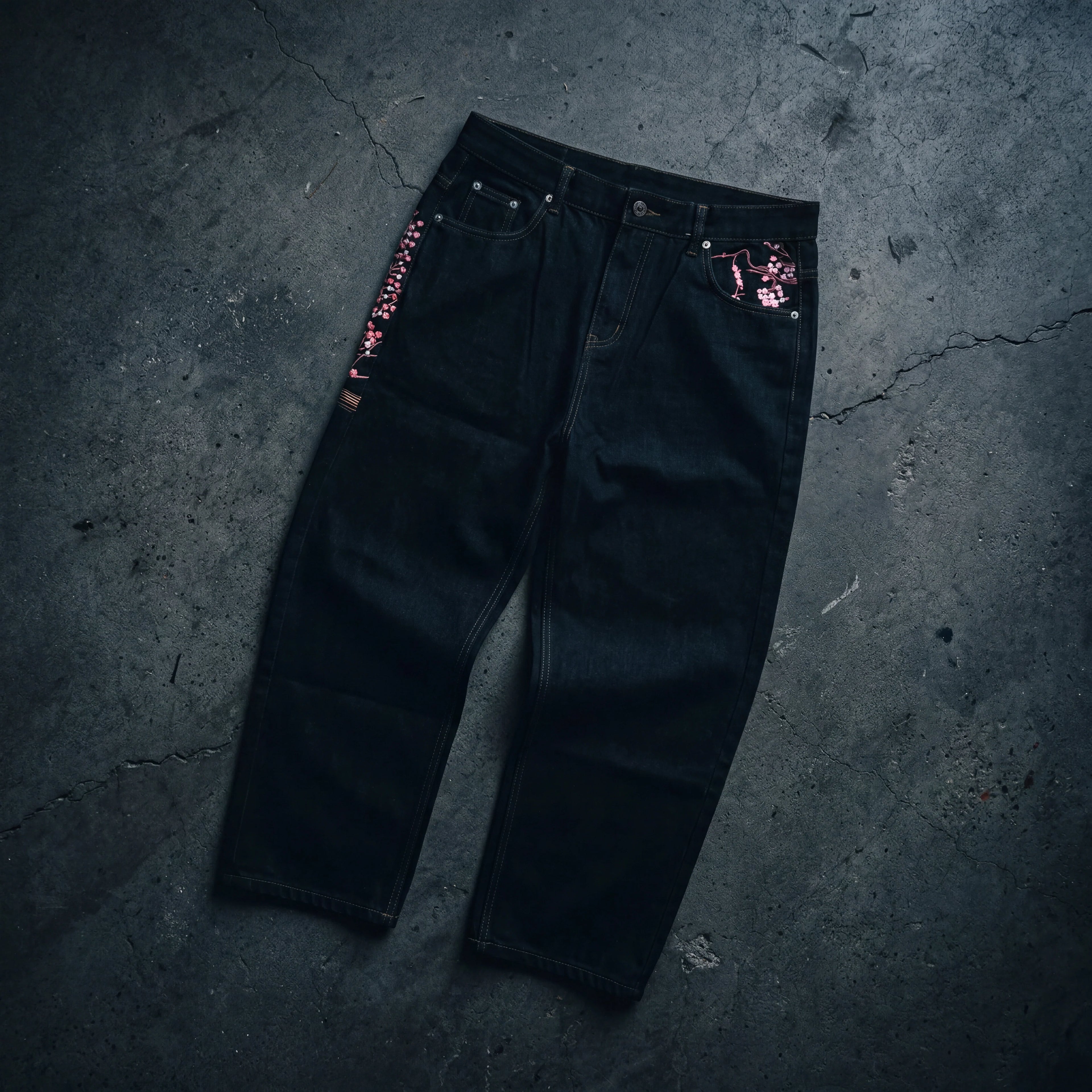 Cherry Blossom Embroidered Y2K Baggy Jeans
